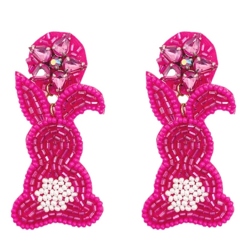 Hand Beaded Pink Bunny Earrings